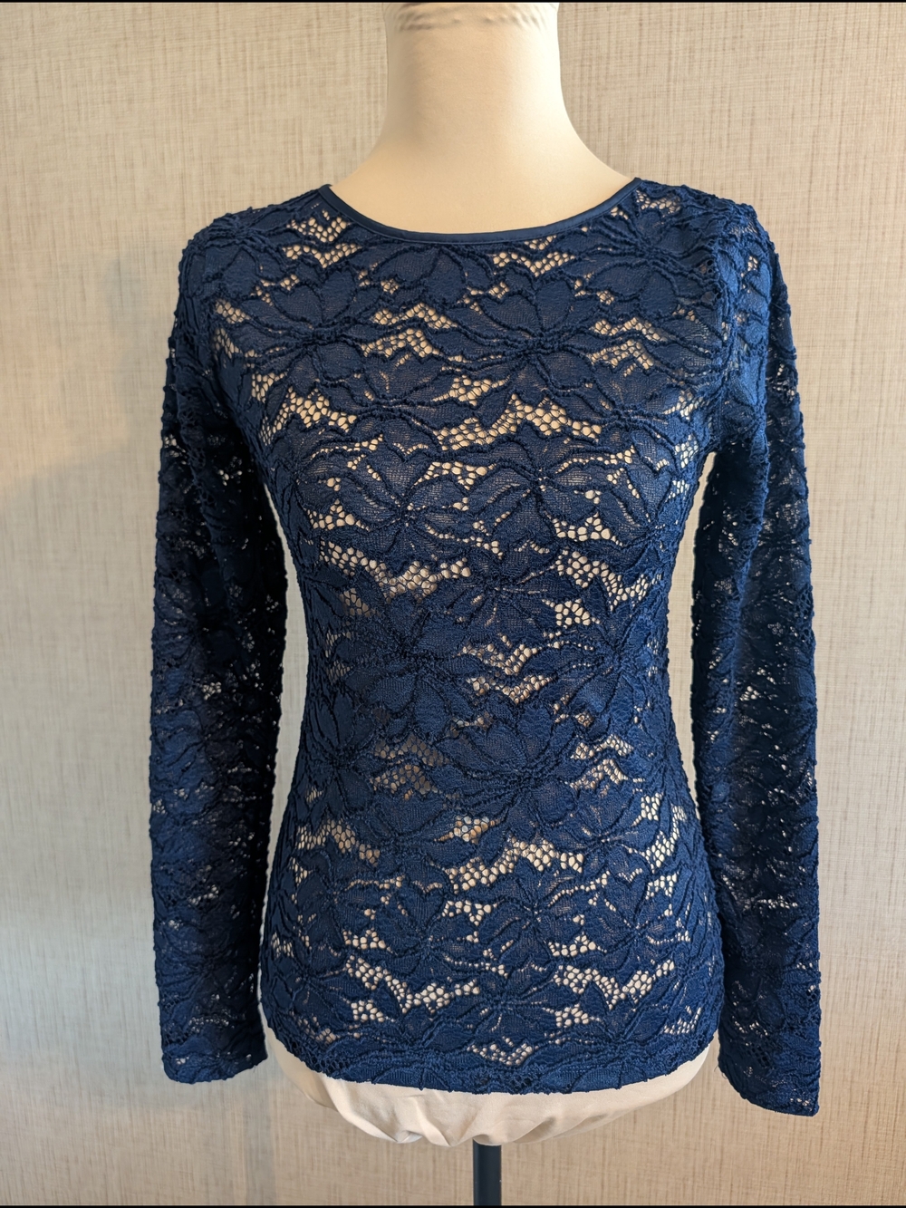 White House Black Market Navy Floral Lace Long Sleeve Tee